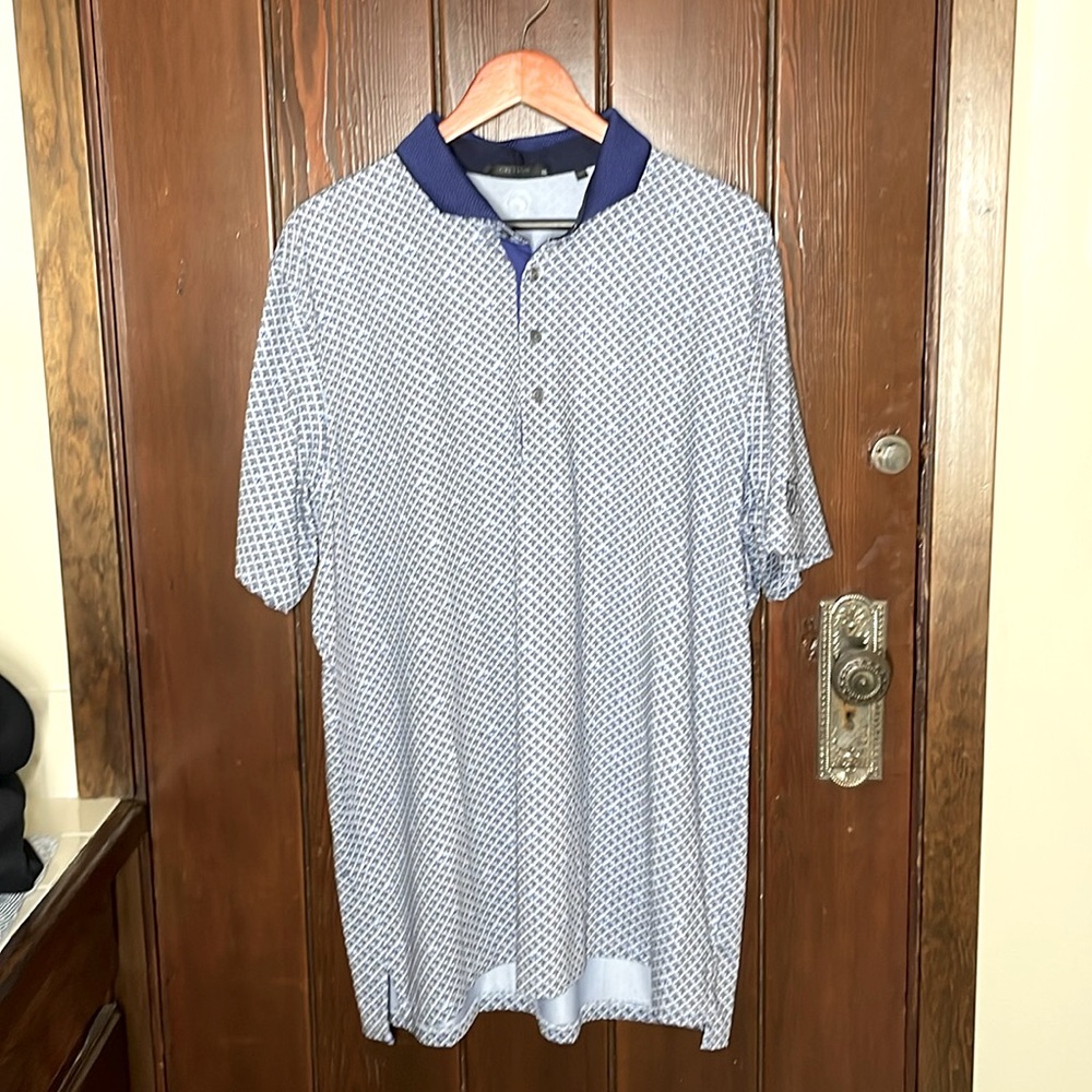 Greyson Navy and Light Blue Thunderbird and Bees  Patterned Polo Shirt Size XL